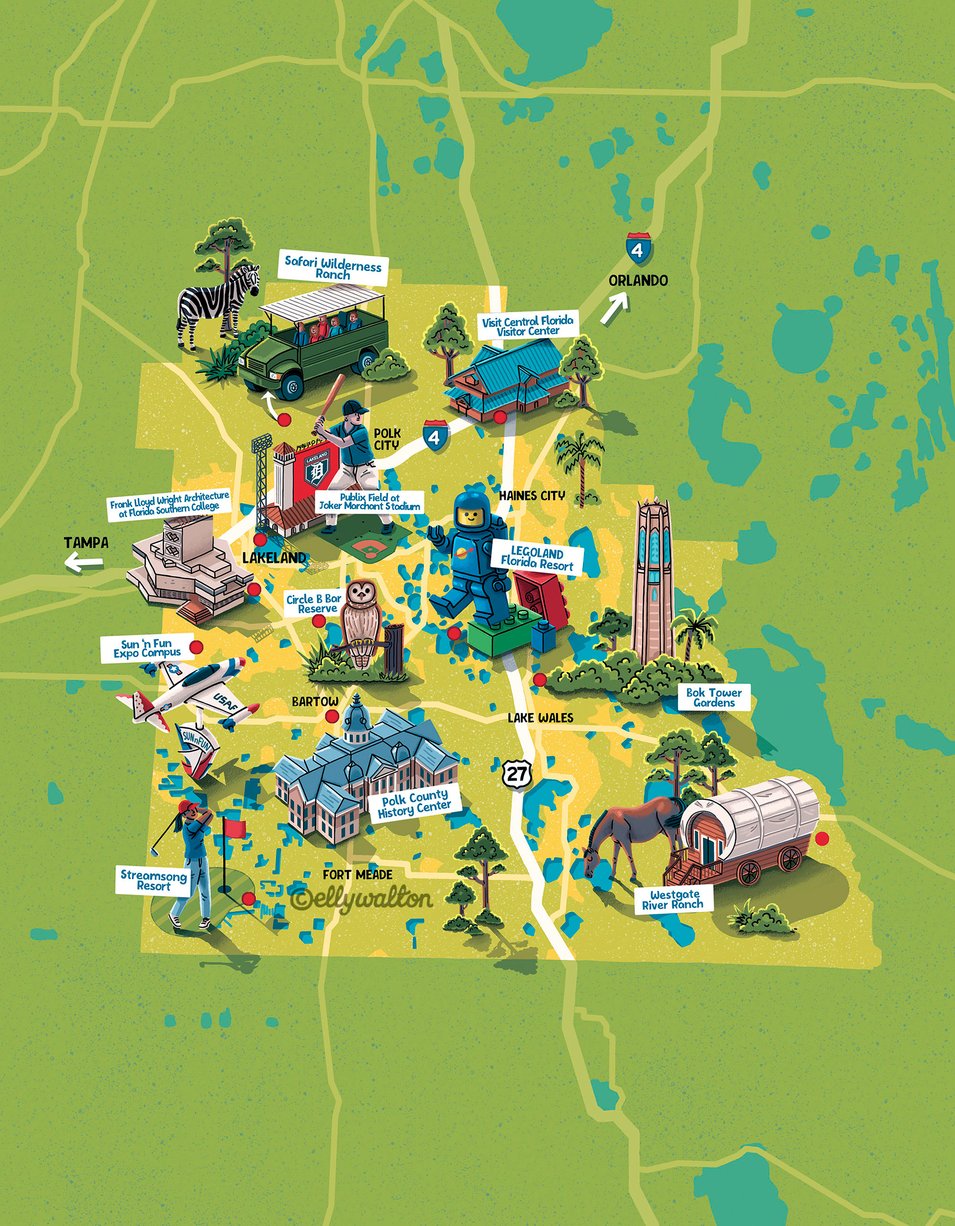 map illustration of polk county florida usa with buildings, animals and roads