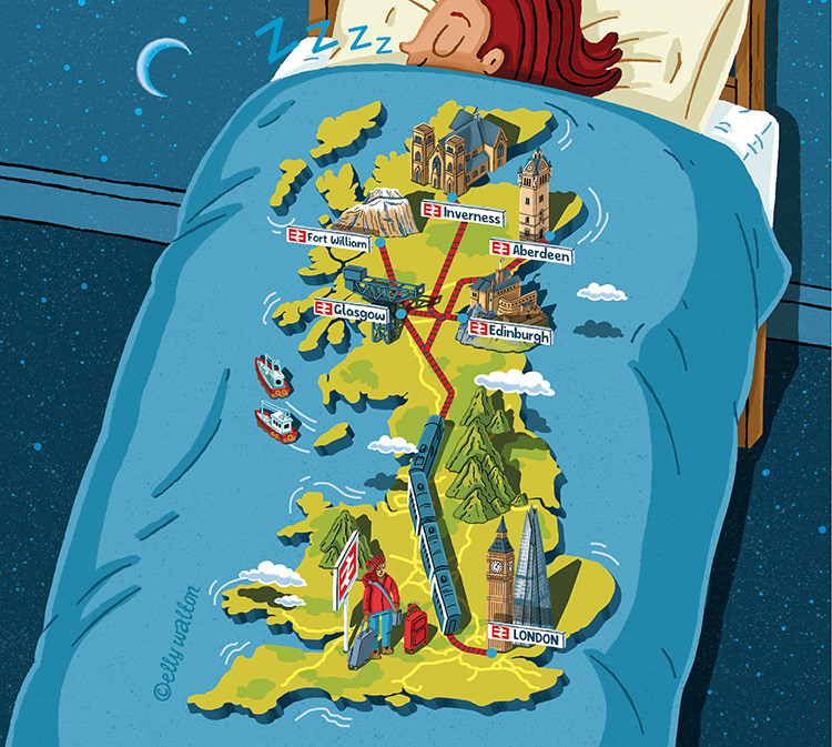 map illustration of UK train route, depicted on a duvet cover with woman sleeping underneath it