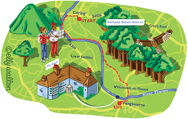map illustration of countryside with streets trees hills couple in walking gear