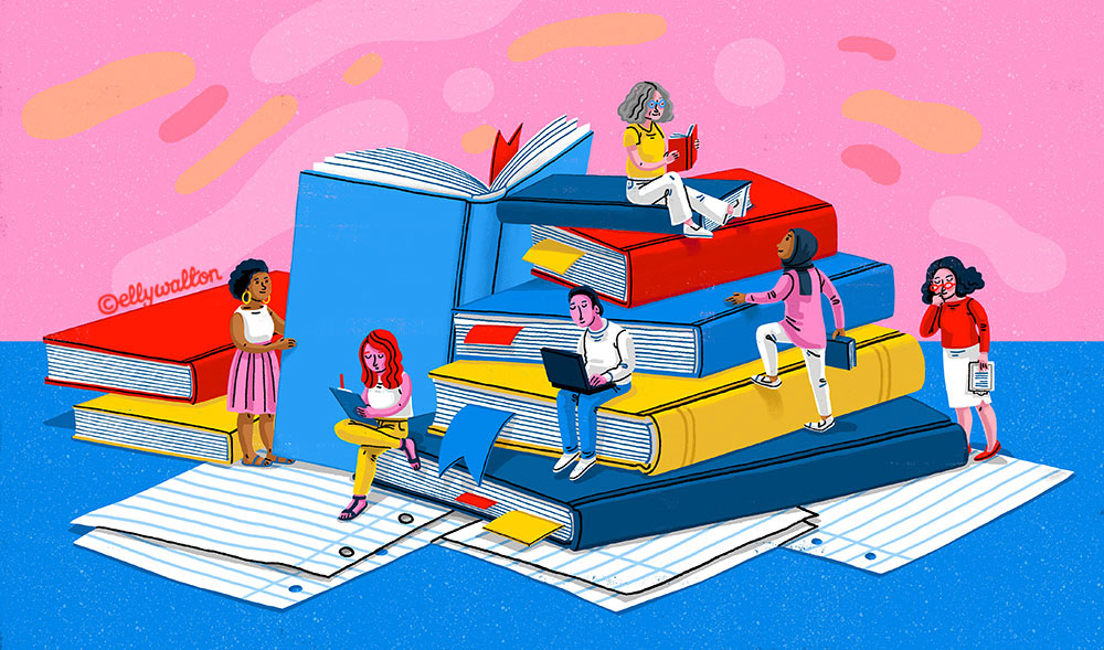 illustration showing a diverse group of people sitting on a stack of giant books