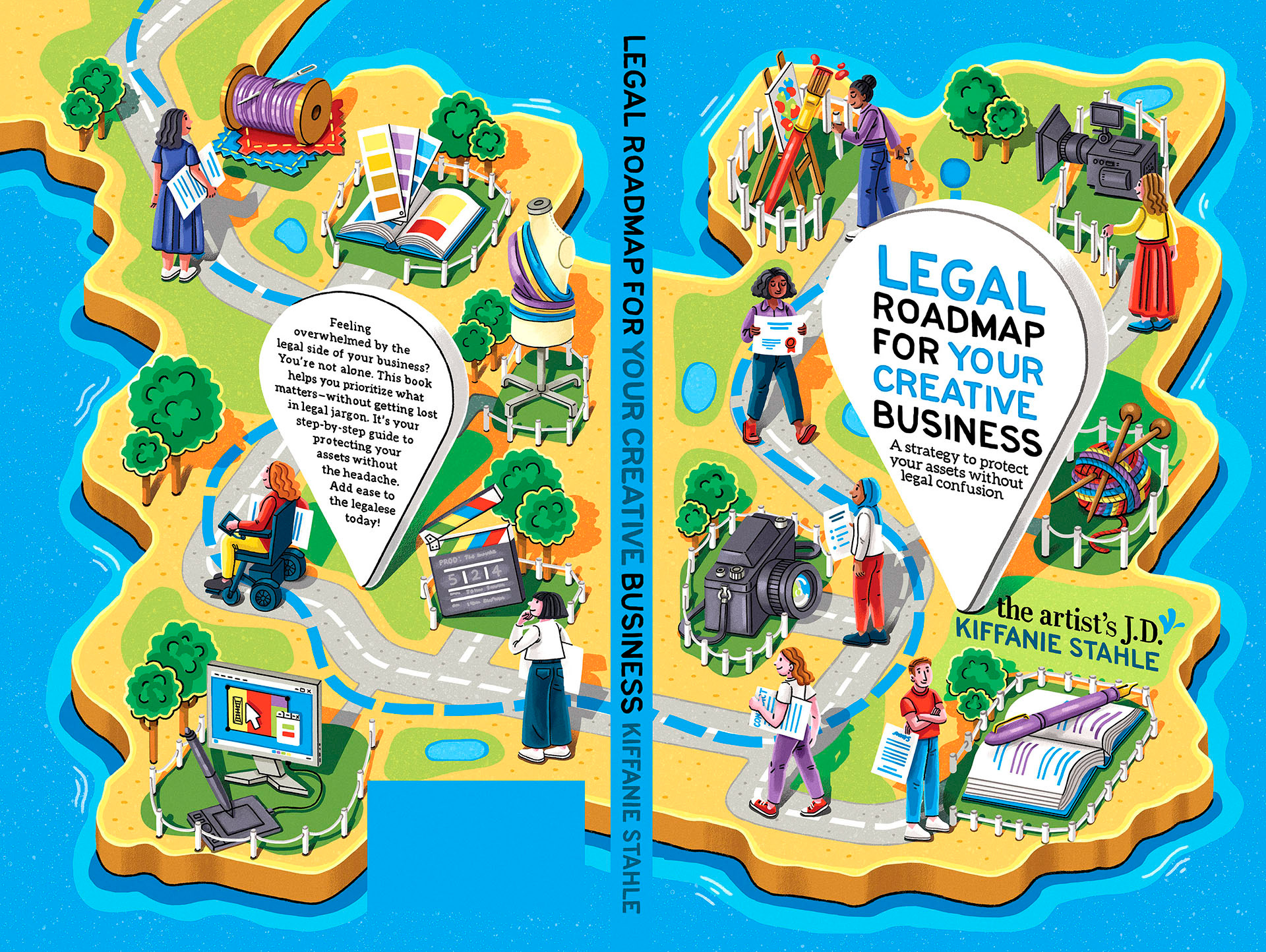 Front and back book cover illustration depicting an island with people walking across it