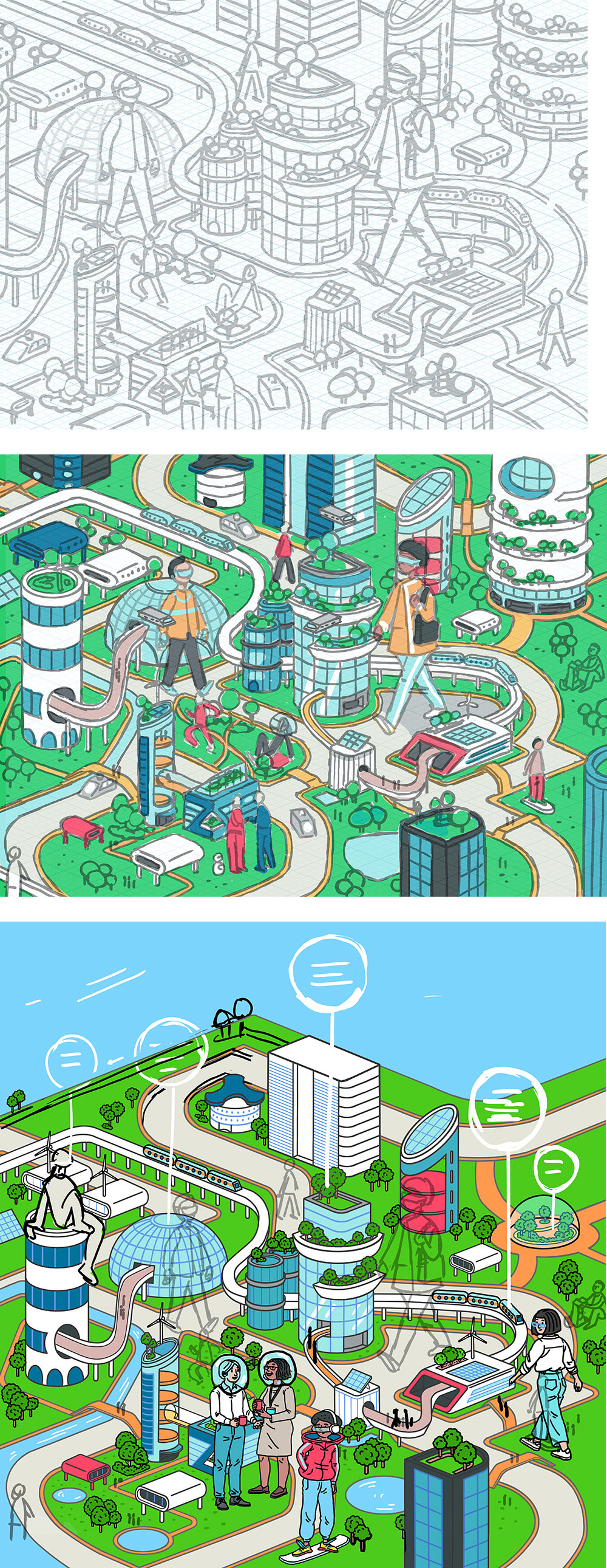 sketches for an illustration of a futuristic city