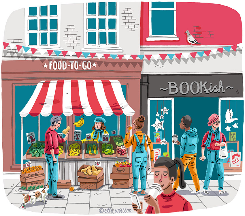 illustration of street of shops with market stall and people walking