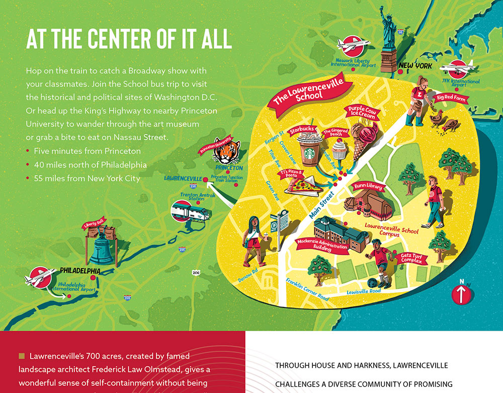 map illustration of east coast america from New York to Philadelphia with Lawrenceville school campus as enlarged pop out