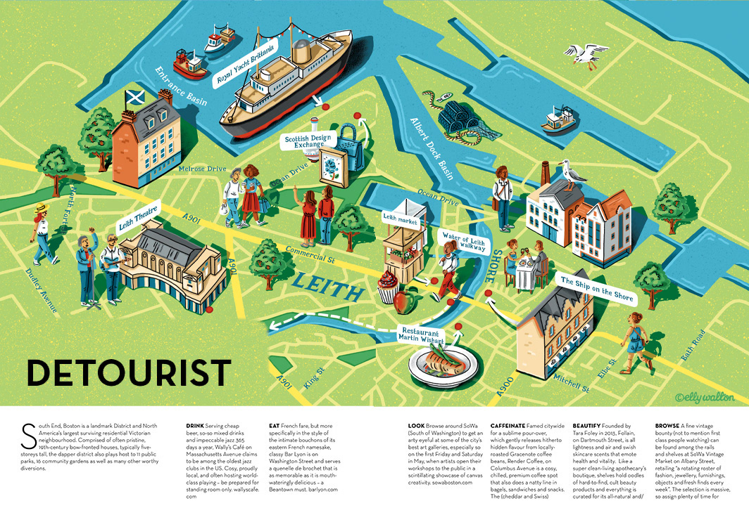 map illustration of leith edinburgh scotland uk showing streets buildings people royal yacht brittania