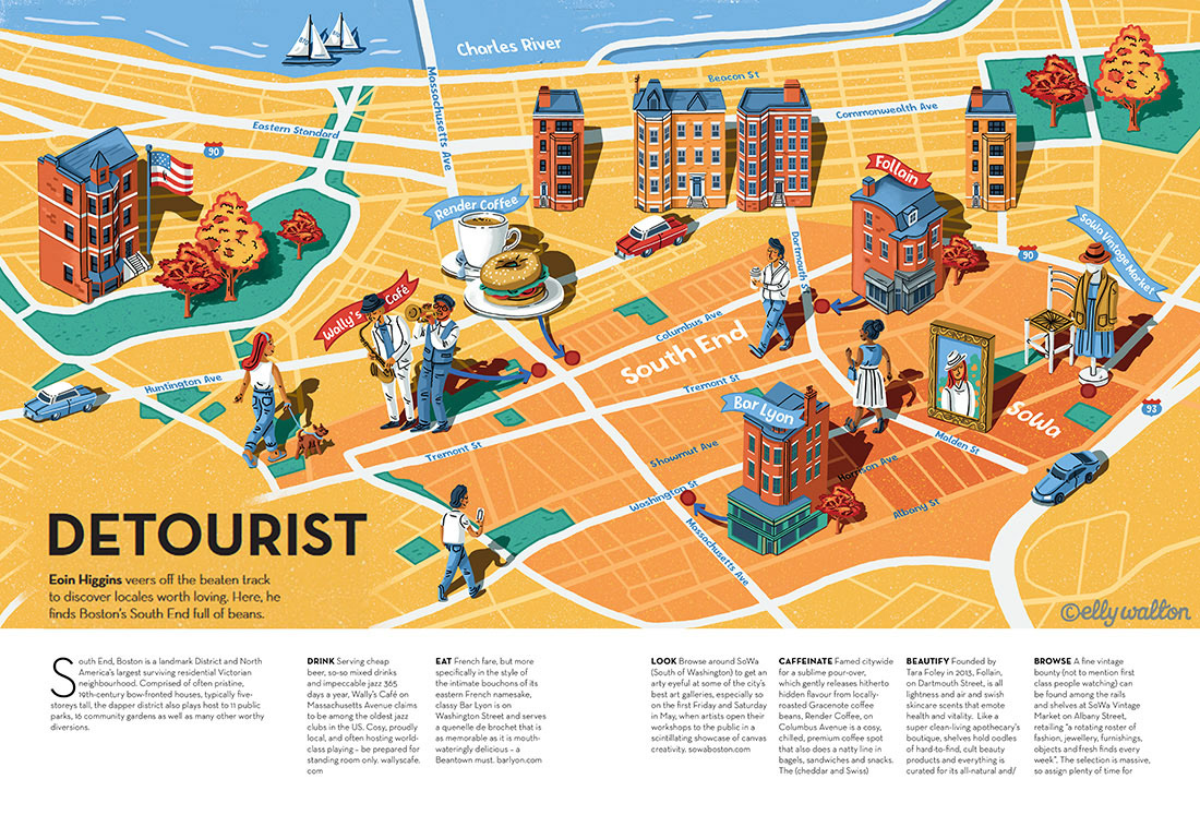 map illustration of boston usa america showing streets buildings people