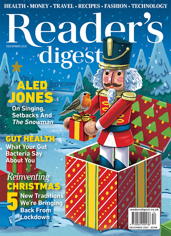 illustration showing a christmas nutcracker toy popping out of a Christmas gift box in a snowy landscape