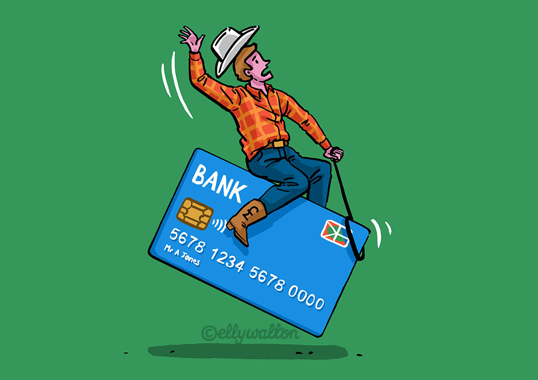 illustration of cowboy hanging onto credit card as though it is a bucking bull