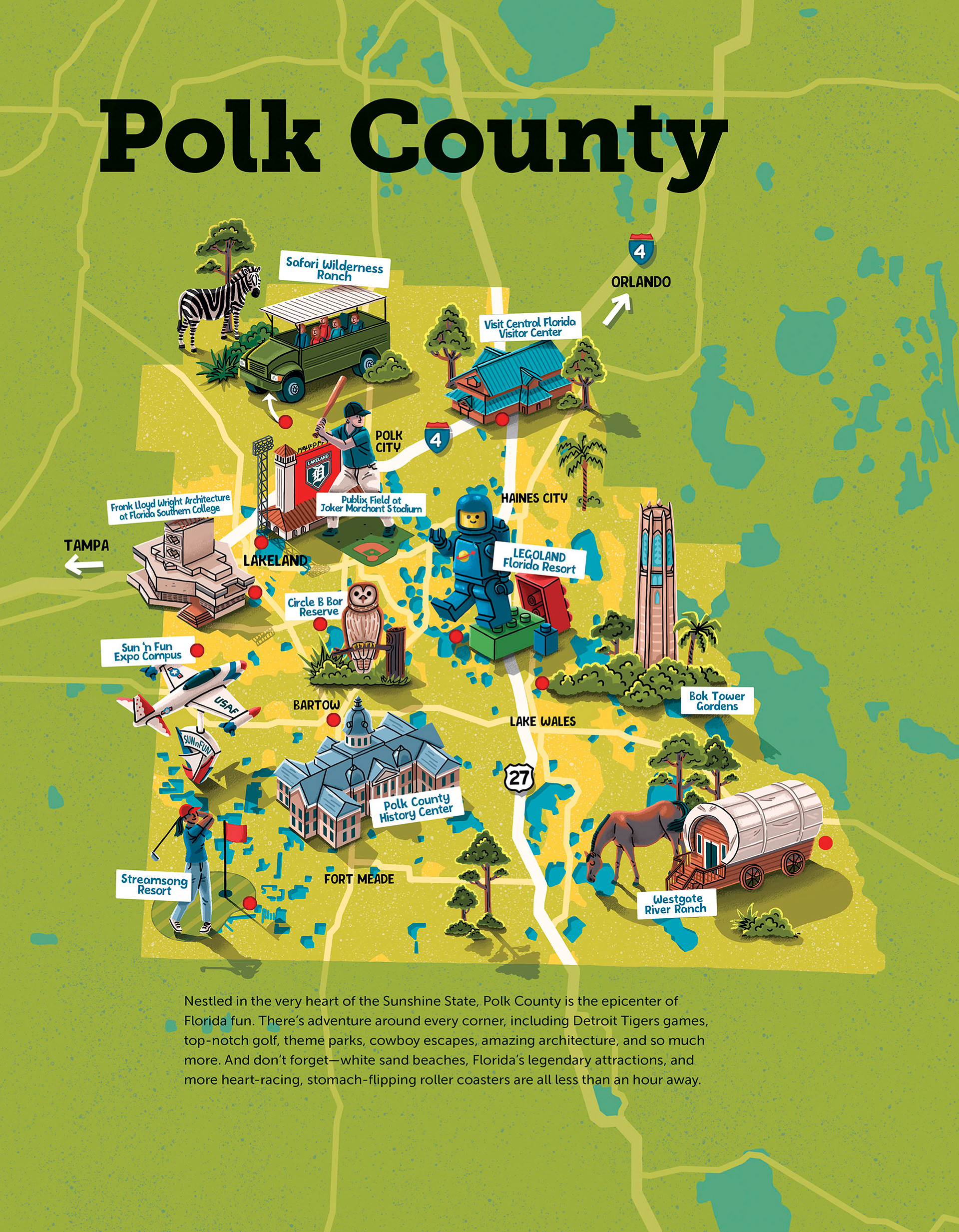 map illustration of polk county florida usa with buildings, animals and roads