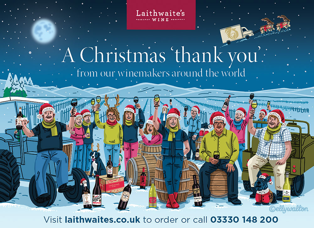 illustration on a postcard showing a group of people raising wine glasses in a snowy nighttime landscape with vineyards in background