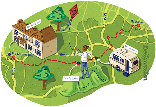 map illustration of countryside showing roads building caravan hill woman flying kite