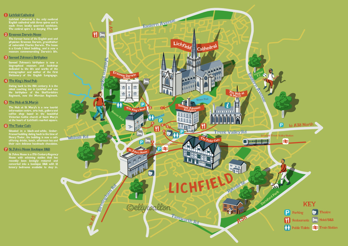 Map illustration of Lichfield city with tourist attractions including cathedral