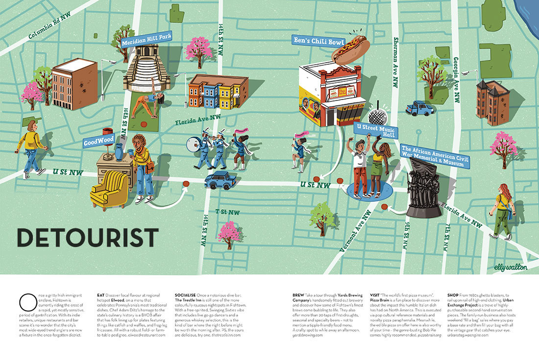 map illustration of an area of washington dc america with buildings and people walking across it