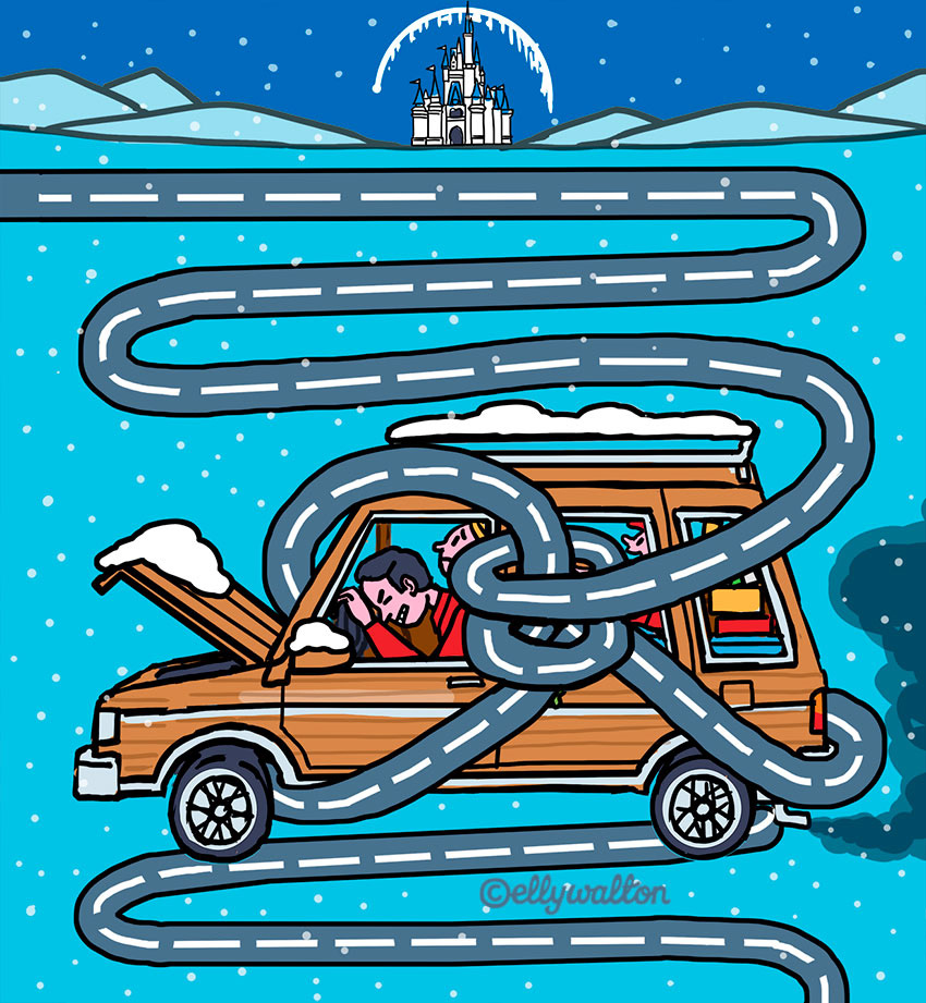 Illustration of a family that has broken down in their car. The road is wrapping around them like a knot