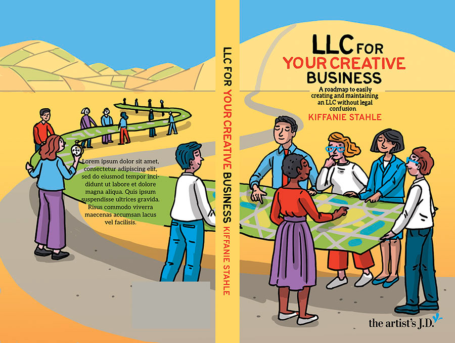 Front and Back cover illustration, showing a landscape with a road snaking off into the distance. A group of people are gathered around a map in the foreground