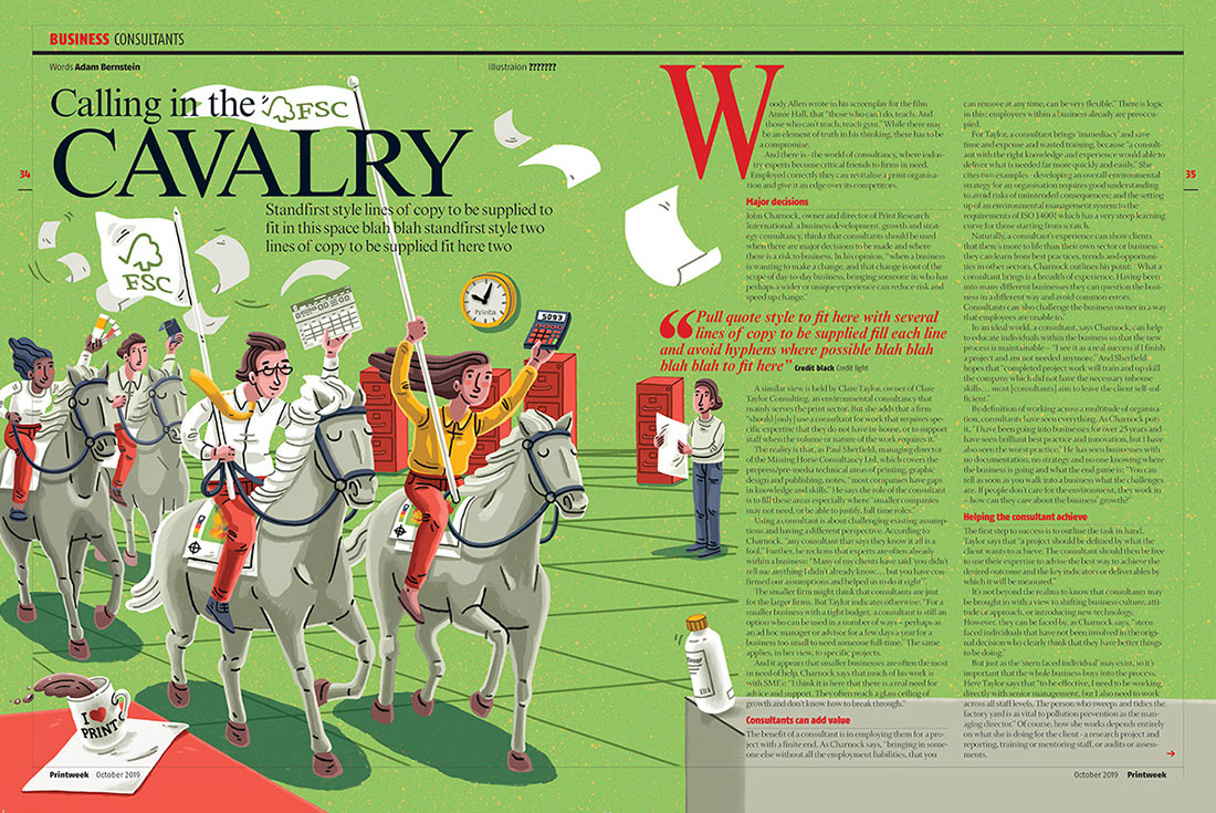 magazine spread illustration showing people riding horses through an office waving banners