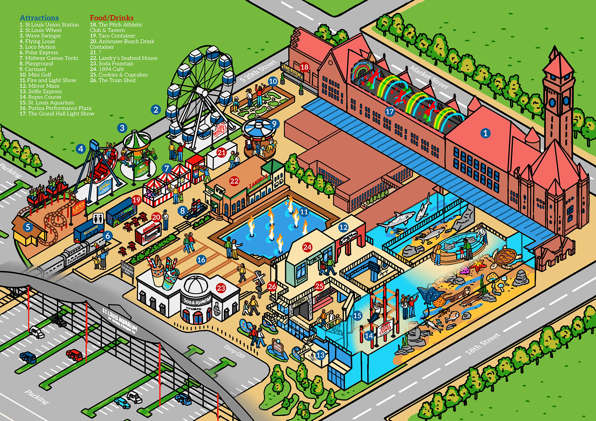Sketch of a map illustration, showing a hotel building and an amusement park within its grounds