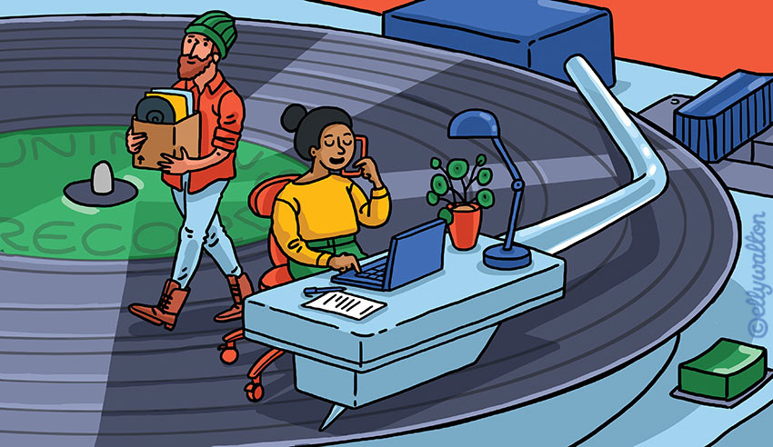 illustration of a woman working whilst sitting on a lp record player that looks like a desk