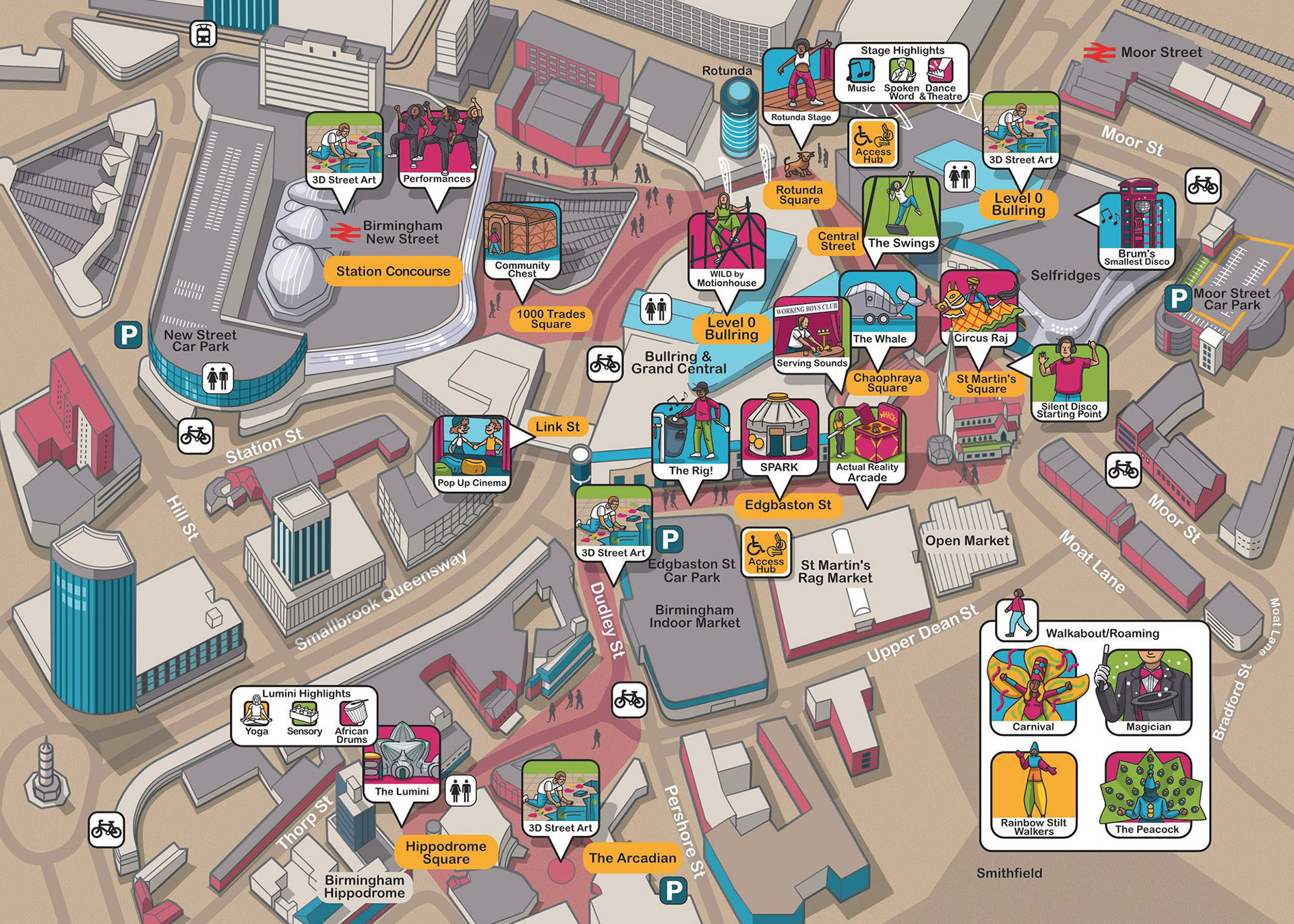 map illustration of Birmingham city England UK showing event activities for Hippodrome Weekender Festival