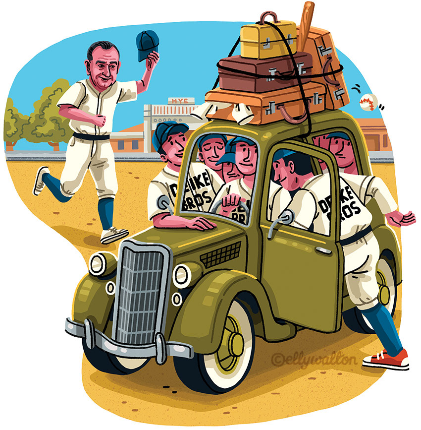 Illustration of a Model A Ford with lots of men trying to fit inside