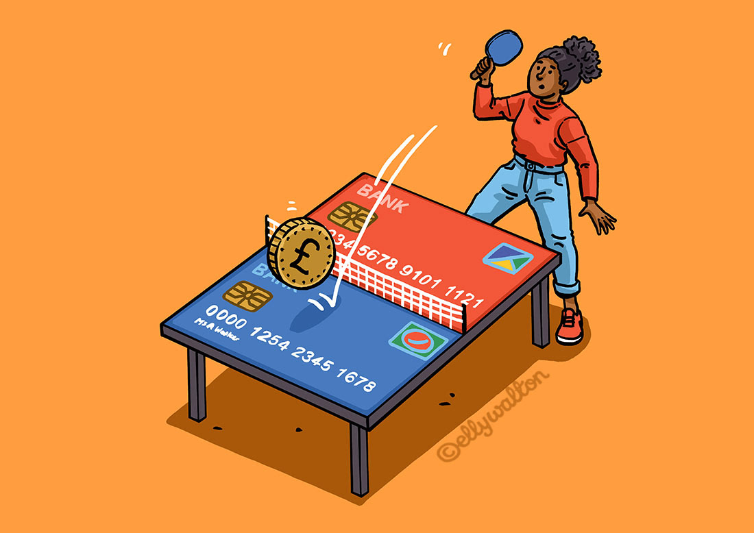 illustration black woman playing table tennis with coin ball and credit cards on either side of table top