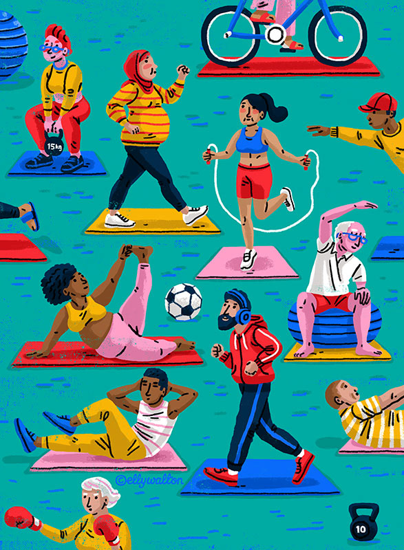 illustration of diverse group of people engaged in different exercising activities in a park landsacpe