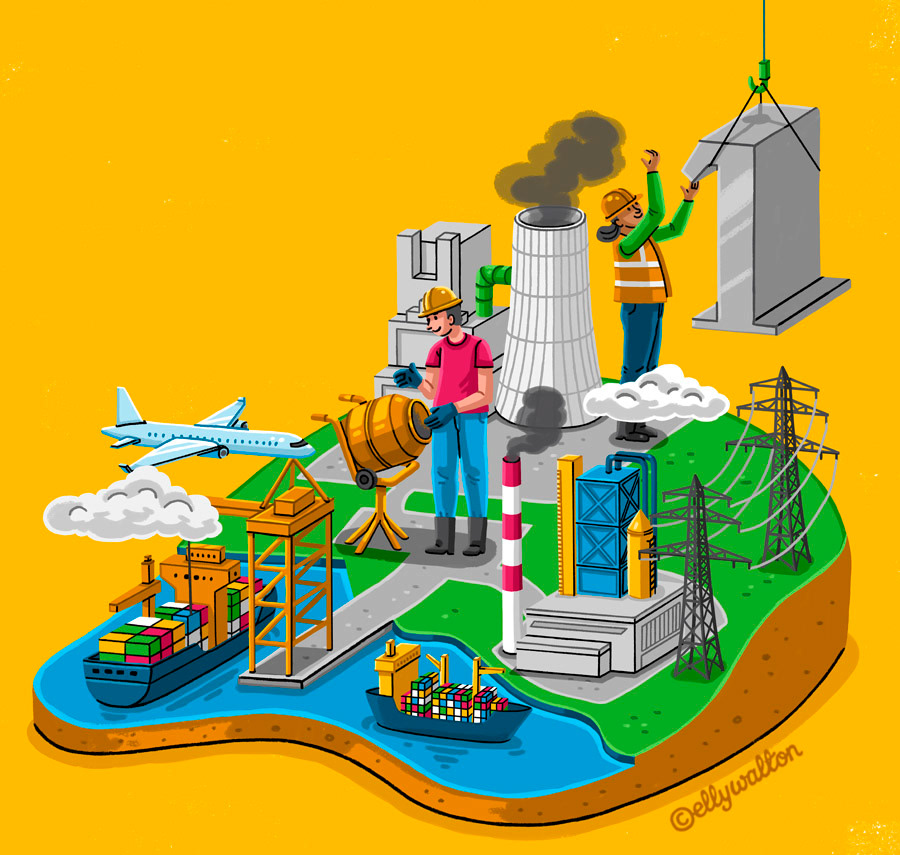 illustration of an island with factories and infrastructure, two people in high vis working