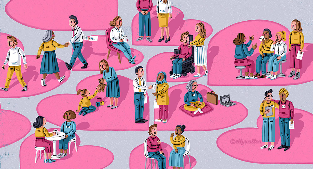 illustration of diverse group of people sitting walking interacting on giant love hearts