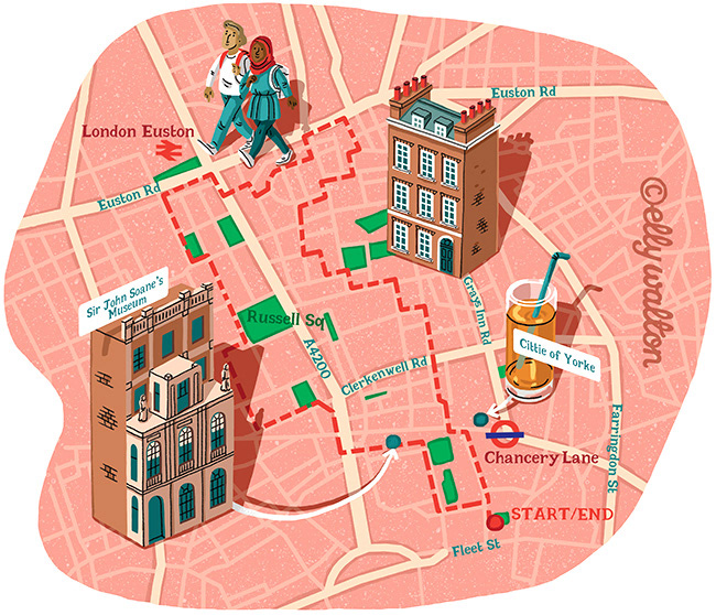 map illustration london uk showing streets buildings drink