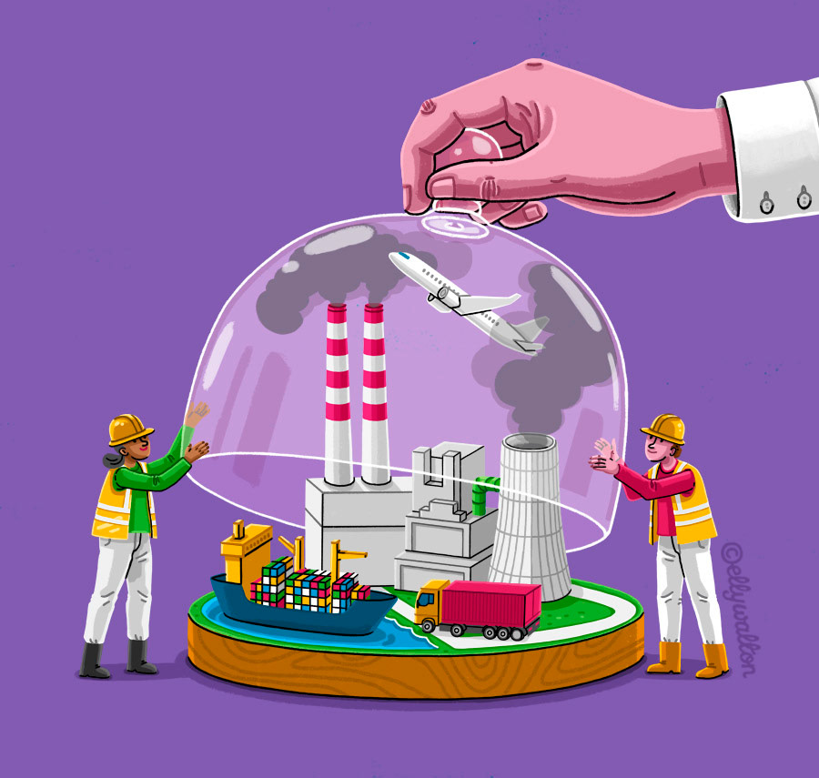 illustration of two people bringing a glass dome down on factories and vehicles emitting pollution