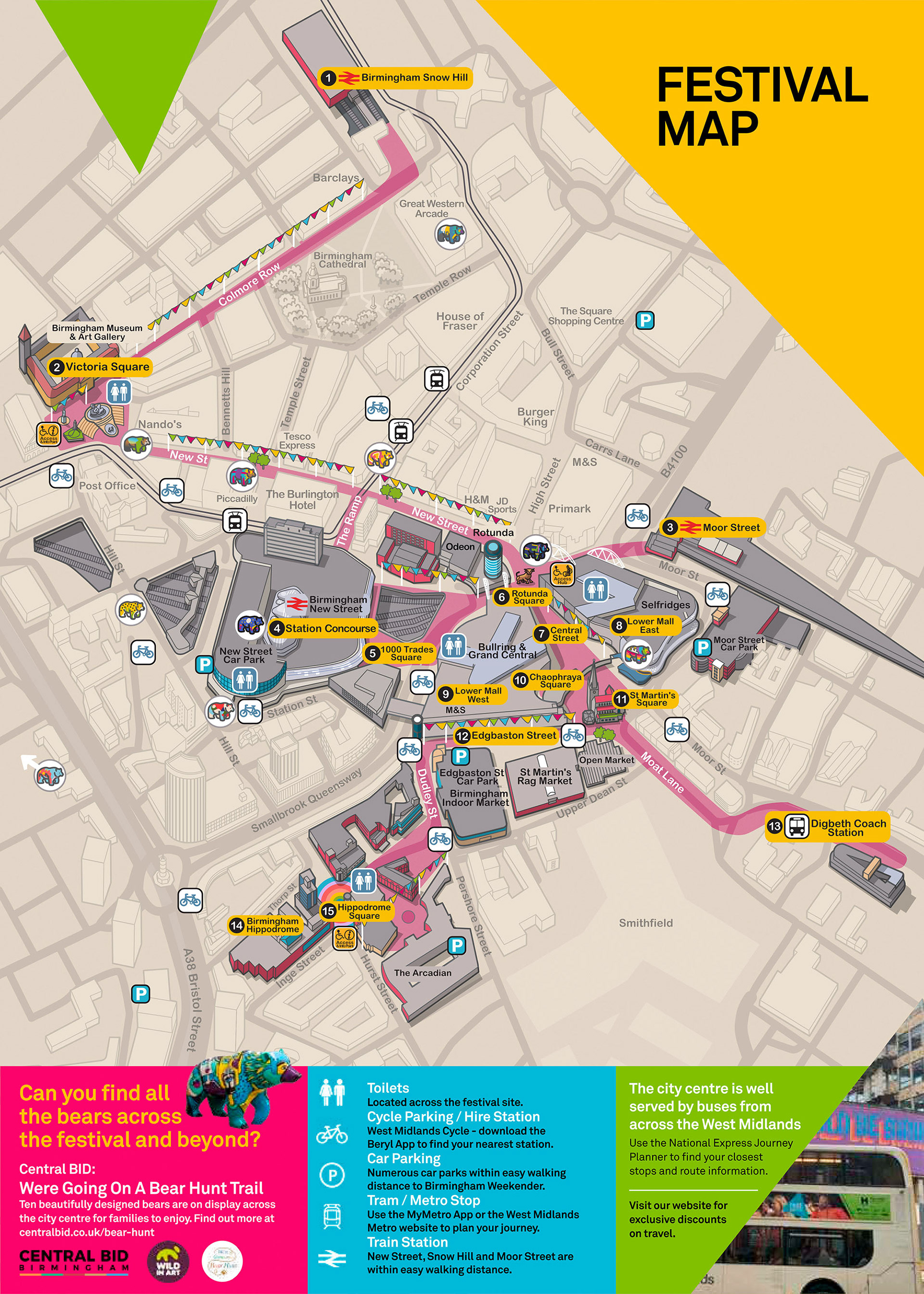 illustrated map of the city centre of Birmingham, England, UK, showing 3D buildings, streets and roads