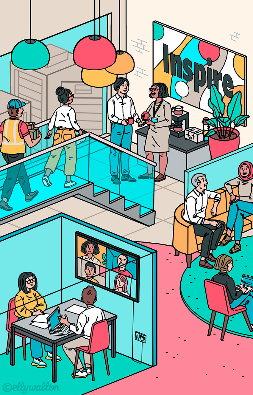illustration of diverse people working in a creative open plan office space