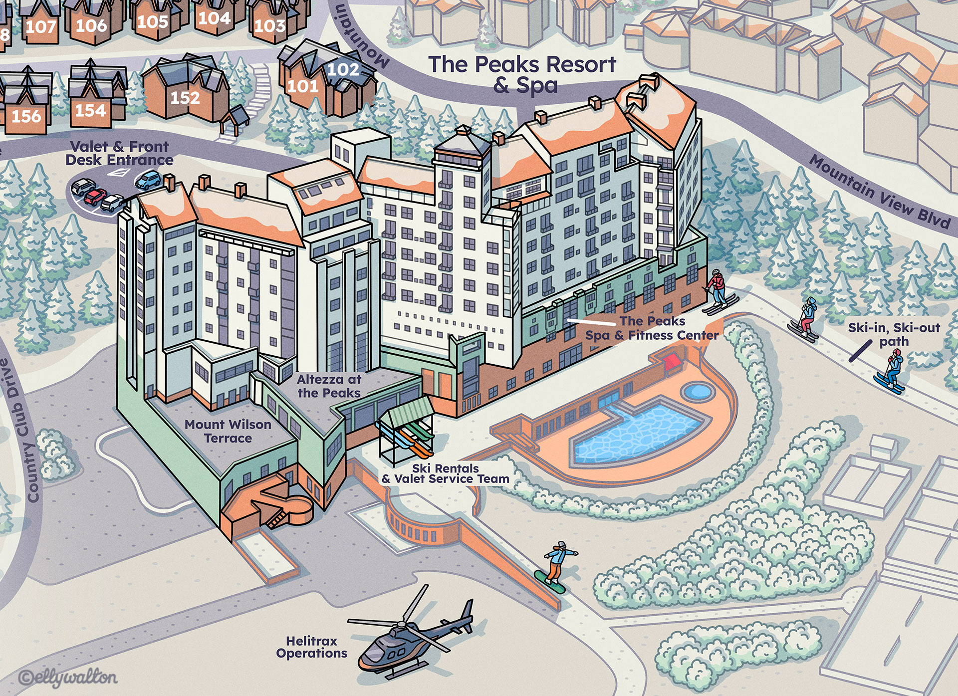 Detail of A map illustration showing 3D hotel buildings in a snowy mountainous landscape with forests