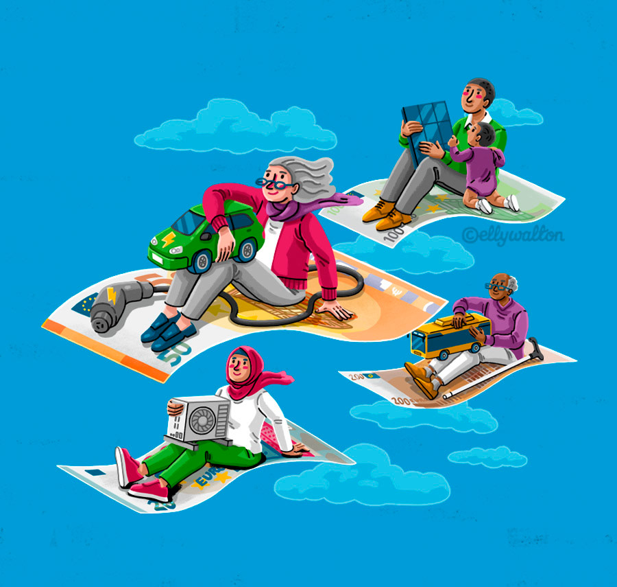 illustration of people flying on large euro note currency