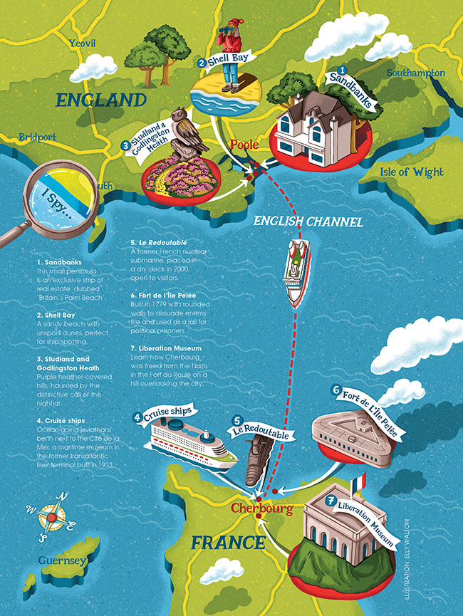 map illustration of south england coast line and northern france coastline sea between and ferry route tourist attractions