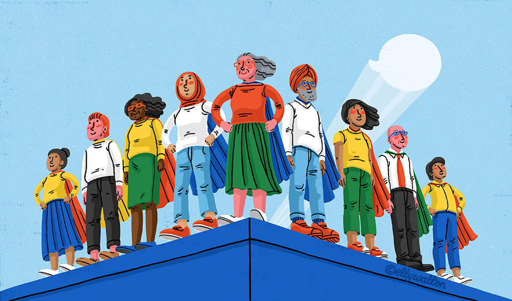 illustration of a diverse group of people standing on a ledge, seen from low angle
