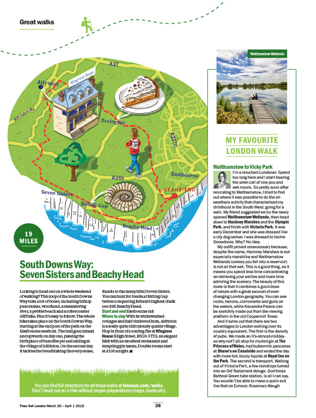 magazine layout with map illustration of south coast england streets building man walking