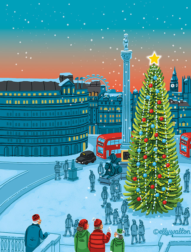 illustration of Trafalgar Square London, nighttime with snow on the ground and a large christmas tree in the centre