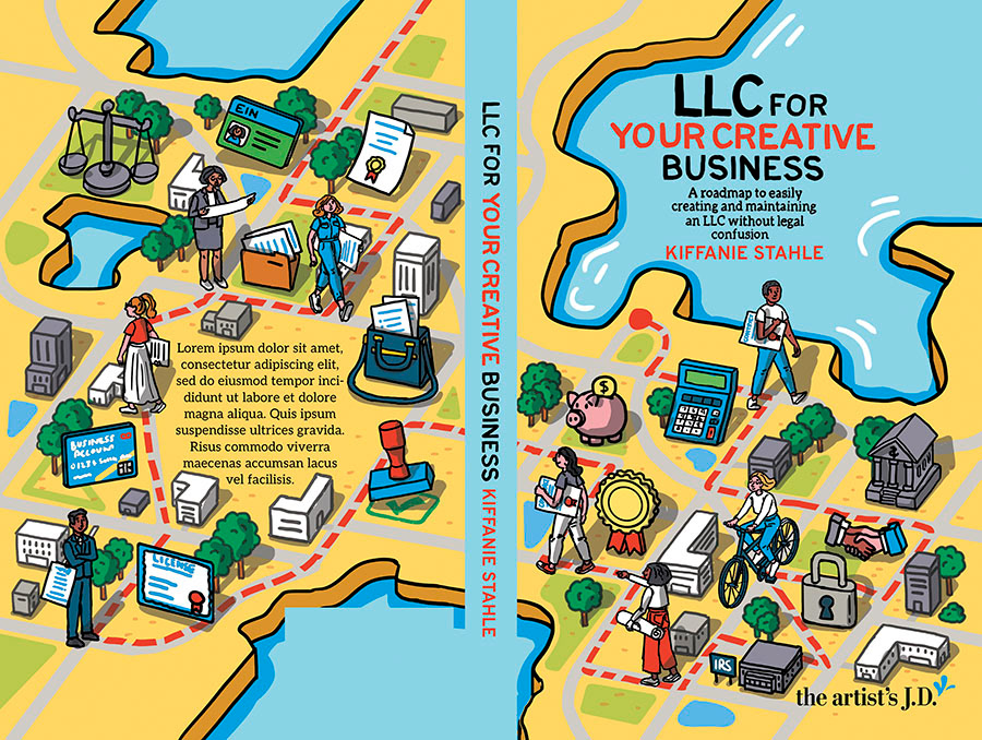 Front and Back cover illustration, showing an isometric area of land with roads, buildings and people shown across it