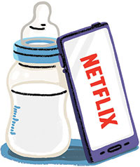 illustration of baby bottle and mobile phone with "Netflix" logo