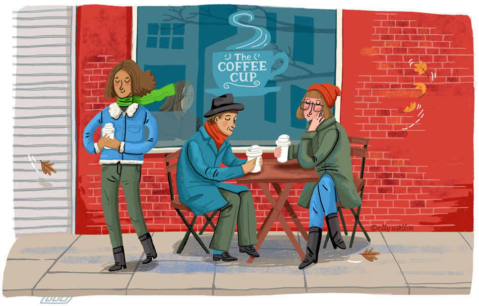 illustration of two people sitting at outdoor cafe table