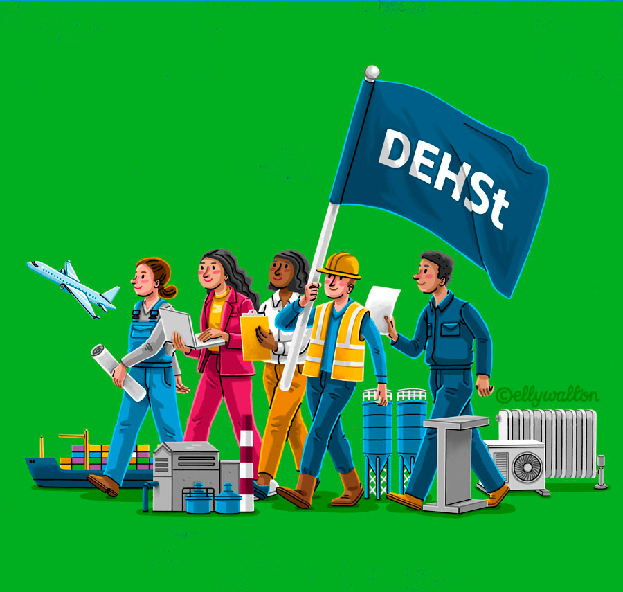 illustration of professional people walking together holding a flag