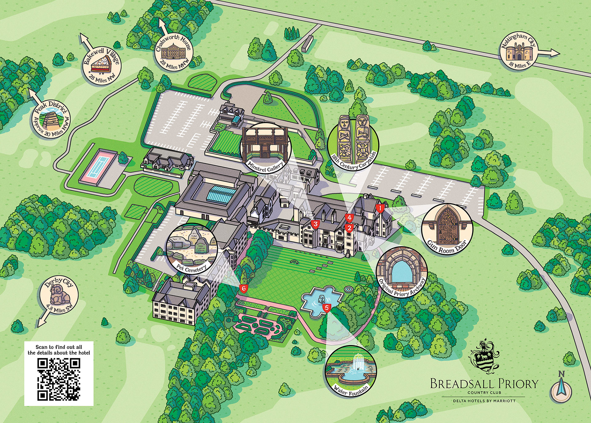 3D isometric map illustration of breadsall priory hotel buildings and grounds