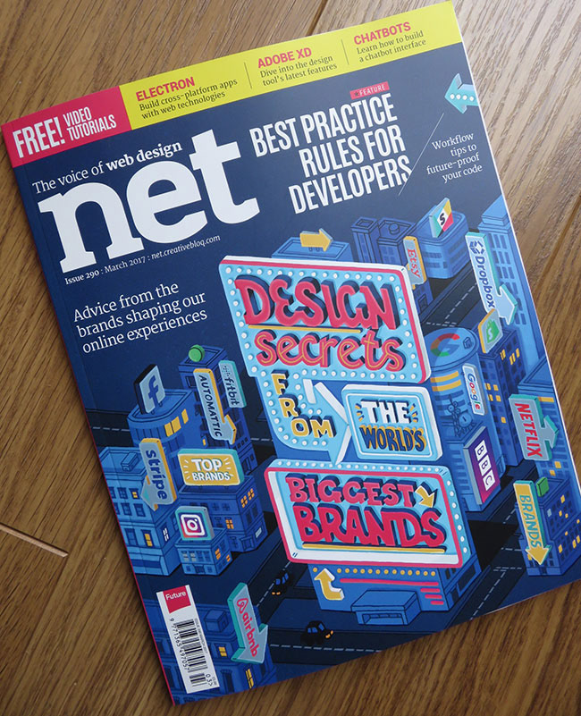 "Net" magazine with illustrated cover of neon signs on city buildings at night