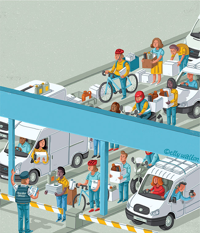 illustration of border crossing with people in cars, vans, on bikes, queueing to get across
