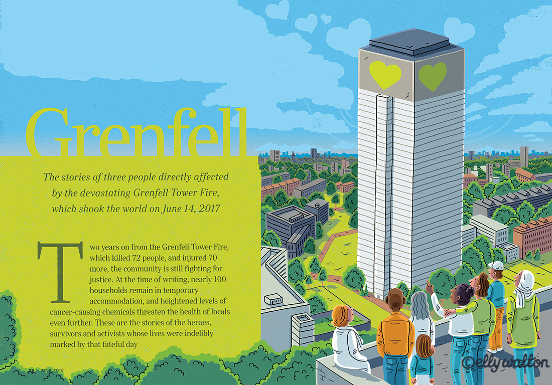 illustration of tower block in city landscape with people standing in front