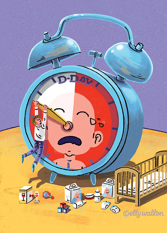 illustration of a giant mechanical alarm clock with a baby depicted on the face and a miniature man dangling from the clock hand
