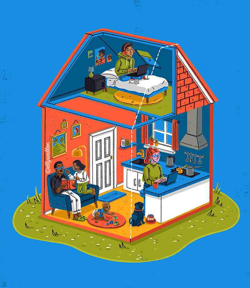 illustration of a house cutaway with a family living inside engaged in different activities