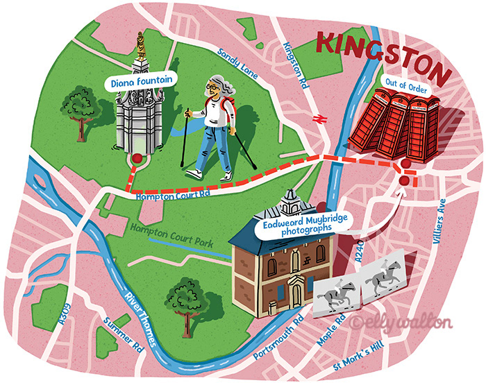 map illustration of kingston london uk showing streets park buildings