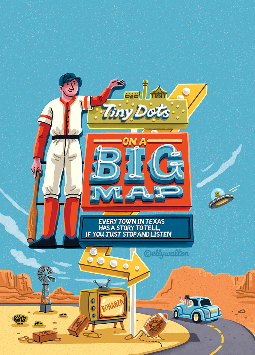 Magazine cover illustration showing motel sign in a Texas desert landscape with hand lettering